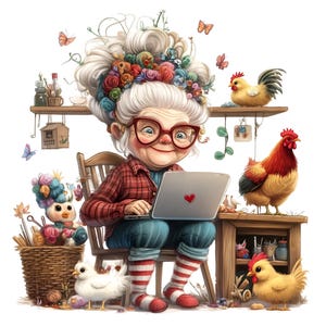 Clipart drôle de dame âgée avec ordinateur portable - Illustration numérique de grand-mère avec des chats et des poulets - Art fantaisiste pour travaux manuels, cartes et impressions