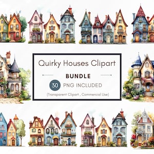 Quirky Houses Watercolor Clipart Bundle | 30 PNG Whimsical Houses | Transparent Background | DIY Scrapbooking, Stickers, Invitations