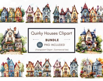 Quirky Houses Watercolor Clipart Bundle | 30 PNG Whimsical Houses | Transparent Background | DIY Scrapbooking, Stickers, Invitations
