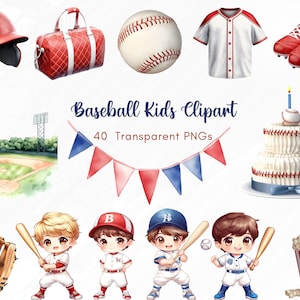 Baseball Kids Clipart Bundle, 40 Cute Sports PNGs, Boy Baseball Players, Fields, Food, Banners, Sports Birthday Party Decor, Sublimation