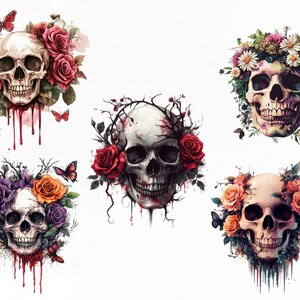 May include: Five white skulls with intricate details are surrounded by colorful flowers, including red, pink, orange, and purple roses. The skulls are dripping with red paint, creating a dramatic and gothic aesthetic.