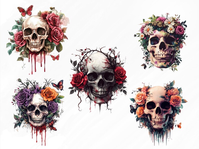 May include: Five white skulls with intricate details are surrounded by colorful flowers, including red, pink, orange, and purple roses. The skulls are dripping with red paint, creating a dramatic and gothic aesthetic.