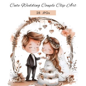 May include: A watercolour illustration of a wedding couple. The image shows a bride and groom, a three-tiered wedding cake, and floral decorations. The text "Cute Wedding Couple Clip Art" and "28 JPGs" are at the top.