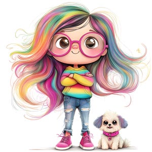 May include: A cartoon illustration of a girl with rainbow hair, wearing pink glasses, a striped hoodie, ripped jeans, and pink sneakers. A small white dog with blue and purple ears and a pink collar sits beside her.