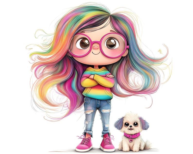 May include: A cartoon illustration of a girl with rainbow hair, wearing pink glasses, a striped hoodie, ripped jeans, and pink sneakers. A small white dog with blue and purple ears and a pink collar sits beside her.