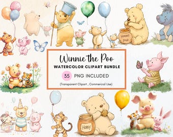 Imágenes prediseñadas clásicas de Winnie the Pooh y sus amigos, paquete de 35 imágenes prediseñadas PNG, PNG transparente, paquete clásico de Winnie the Pooh, baby shower DIY
