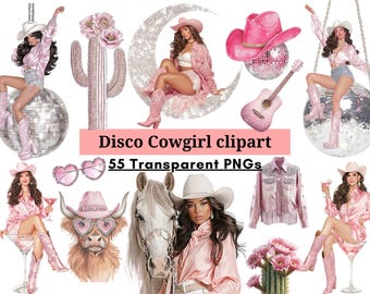 Paquete de imágenes prediseñadas de vaquera disco, 55 imágenes PNG de chica occidental en bola de discoteca, imágenes prediseñadas de estética campestre rosa, gráficos retro de vaquera para pegatinas