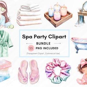 Clipart acquerello festa spa, illustrazioni di giornate spa rilassanti, immagini PNG per la cura di sé e coccole, pigiama party, ragazza glamour, grafica spa