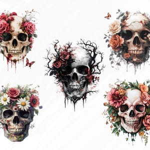 May include: Five different skull designs with floral arrangements. Each skull is white with black eye sockets and a black mouth. The flowers are in shades of pink, red, and white.