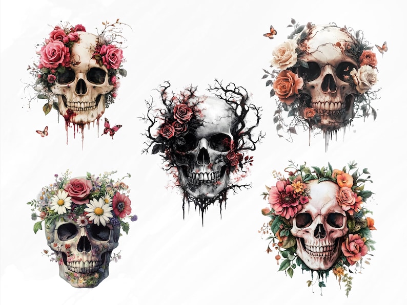 May include: Five different skull designs with floral arrangements. Each skull is white with black eye sockets and a black mouth. The flowers are in shades of pink, red, and white.