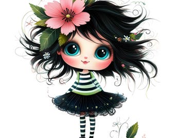 Quirky Girl Clipart, Cute Whimsical Girl, Printable Watercolor Clipart, 300 DPI JPGs, High-Quality JPGs, Cute Doll, Instant Download