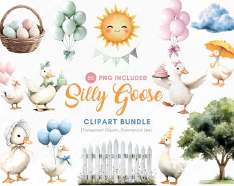 Paquete de imágenes prediseñadas de gansos graciosos / Ganso adorable con globos, pasteles, sombrillas y sombreros / Ideal para baby shower, cuentos infantiles, decoración de granja o habitación infantil / 55 imágenes PNG transparentes