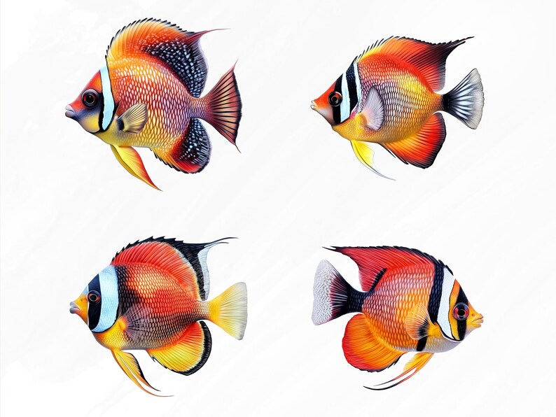 May include: Four colorful fish with red, orange, yellow, and black markings. The fish are swimming in a white background.