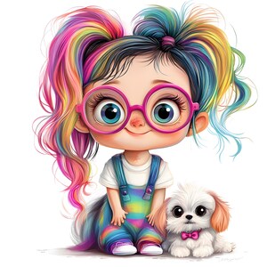 May include: A cartoon illustration of a girl with rainbow hair, wearing pink glasses and overalls. A small white dog with a pink bow tie sits beside her. The girl's outfit and hair feature a vibrant array of colors.