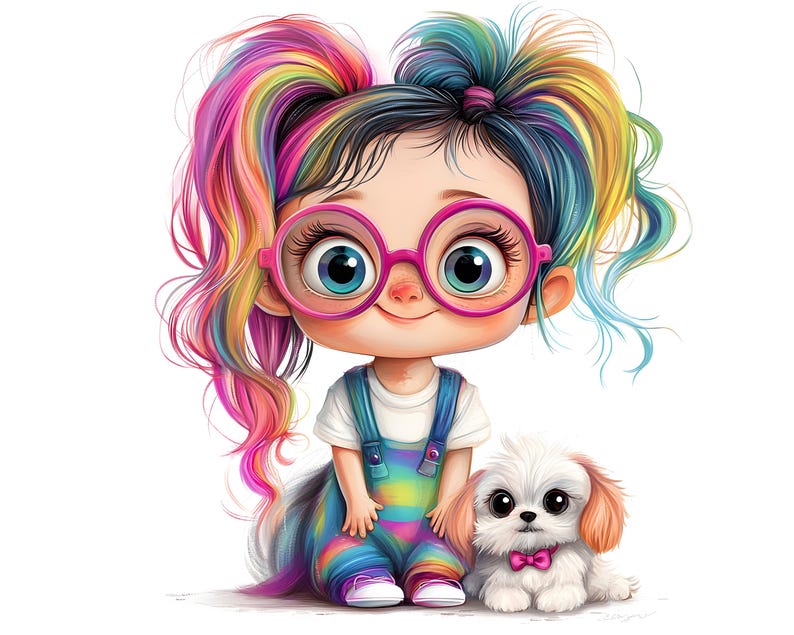 May include: A cartoon illustration of a girl with rainbow hair, wearing pink glasses and overalls. A small white dog with a pink bow tie sits beside her. The girl's outfit and hair feature a vibrant array of colors.