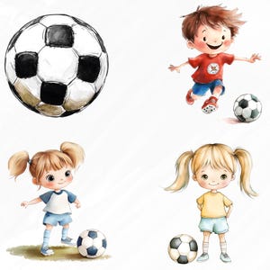 May include: Four children, two girls and two boys, are playing soccer. The children are wearing casual clothing and are smiling. There are four soccer balls in the image, all black and white.