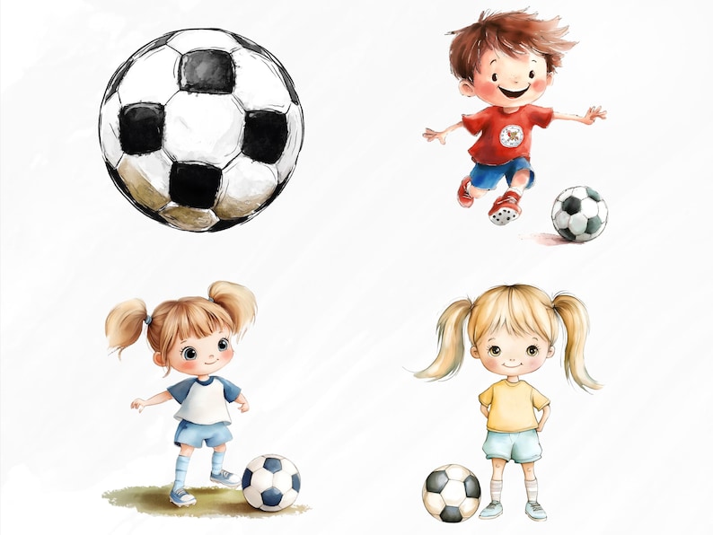May include: Four children, two girls and two boys, are playing soccer. The children are wearing casual clothing and are smiling. There are four soccer balls in the image, all black and white.