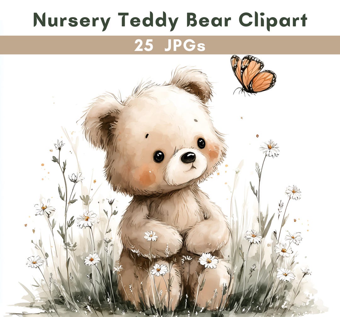 Nursery Teddy Bear Clipart | Baby Bear Watercolor Jpgs | Cute Woodland ...