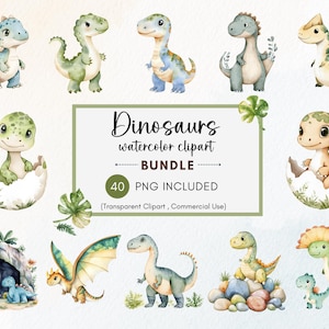 Aquarell Cartoon Dinosaurier Clipart, 40 PNG Baby Dinosaurier Clipart, Dino-Geburtstags-Party Dekoration, süße Dinosaurier, Instant Download