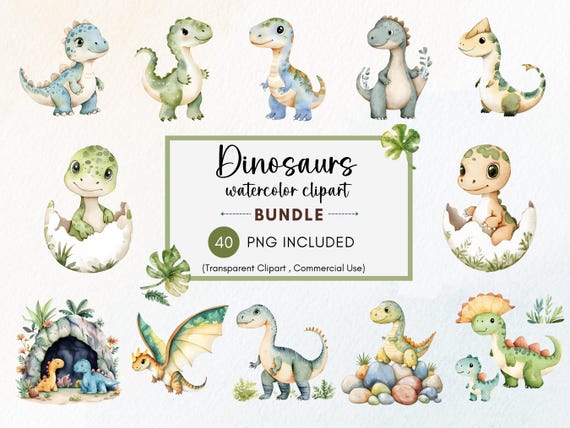 Watercolor Cartoon Dinosaur Clipart, 40 PNG Baby Dinosaur Clipart, Dino Birthday Party Decor, Cute Dinosaurs, Instant Download