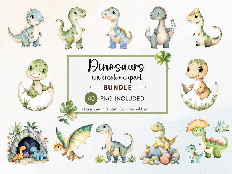 Op de afbeelding: Watercolor clipart bundel met verschillende schattige dinosaurussen in blauwe, groene en gele tinten. De afbeelding toont dinosaurussen in verschillende poses, sommige komen uit eieren, en de tekst "Dinosaurs watercolor clipart BUNDLE" met "40 PNG INCLUDED".