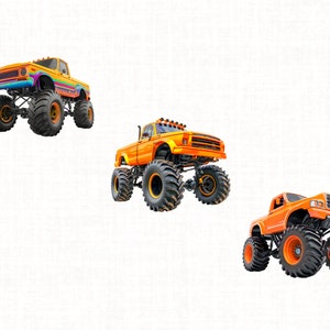 May include: Three orange monster trucks with large tires. The trucks are on a white background.