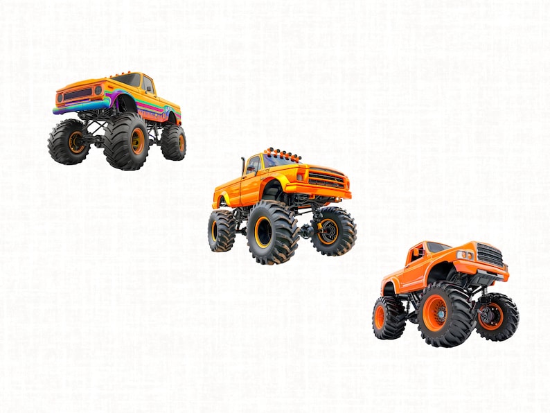 May include: Three orange monster trucks with large tires. The trucks are on a white background.