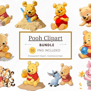 Klassieke Winnie de Poeh en vrienden-clipart, 50 clipartbundel png, transparante png, klassieke Winnie de Poeh-bundel, DIY-babyshower