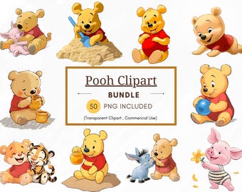Imágenes prediseñadas clásicas de Winnie the Pooh y sus amigos, paquete de 50 imágenes prediseñadas PNG, PNG transparente, paquete clásico de Winnie the Pooh, baby shower DIY