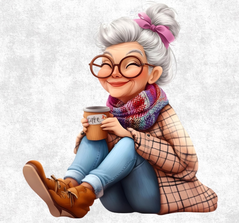16 Senior Lady Drinking Coffee Clipart - Cozy Grandma PNG Bundle ...