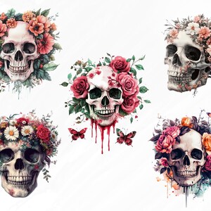 May include: Five watercolor illustrations of skulls with floral wreaths. Each skull is white with black eye sockets and a black mouth. The flowers are pink, red, and white. The skulls are surrounded by green leaves.