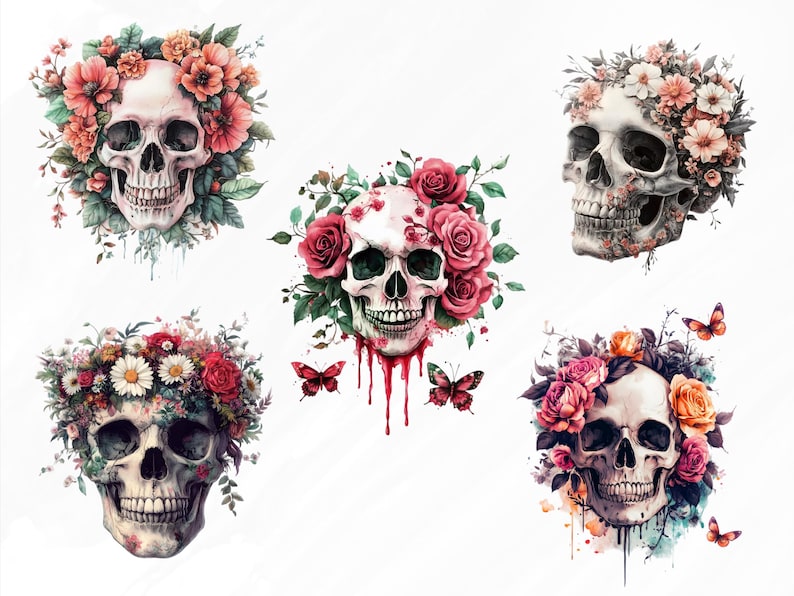 May include: Five watercolor illustrations of skulls with floral wreaths. Each skull is white with black eye sockets and a black mouth. The flowers are pink, red, and white. The skulls are surrounded by green leaves.