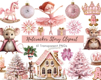 Pink Nutcracker Clipart Bundle, Watercolor Christmas Ballet PNG (61 Files)