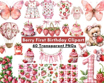 Bundle de cliparts bébé fraise PNG 60, mignon fraise ours, clipart bébé fille, grenouillère fraise, graphiques de chambre d'enfant, 300 DPI
