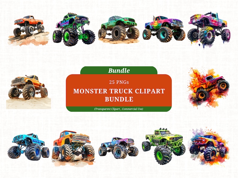 May include: A digital clipart bundle of 25 monster truck images. The trucks are in various colors, including orange, green, blue, purple, and red. The trucks are depicted on a white background with watercolor splatters.