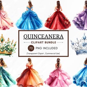 Paquete de 70 imágenes prediseñadas de flores y coronas de quinceañera, elementos de vestido de princesa de acuarela para diseño digital, invitaciones, decoraciones de fiesta