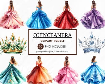 70 Quinceanera Flowers and Crowns Clipart Bundle, Watercolor Princess Dress Elements for Digital Design, Invitations, Party Decorations