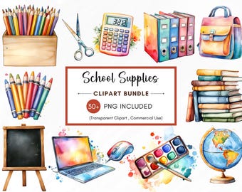 Conjunto de clipart escolar, conjunto de clipart de material escolar, clipart de material de arte, clipart fofo de material escolar, uso comercial de PNG de sala de aula