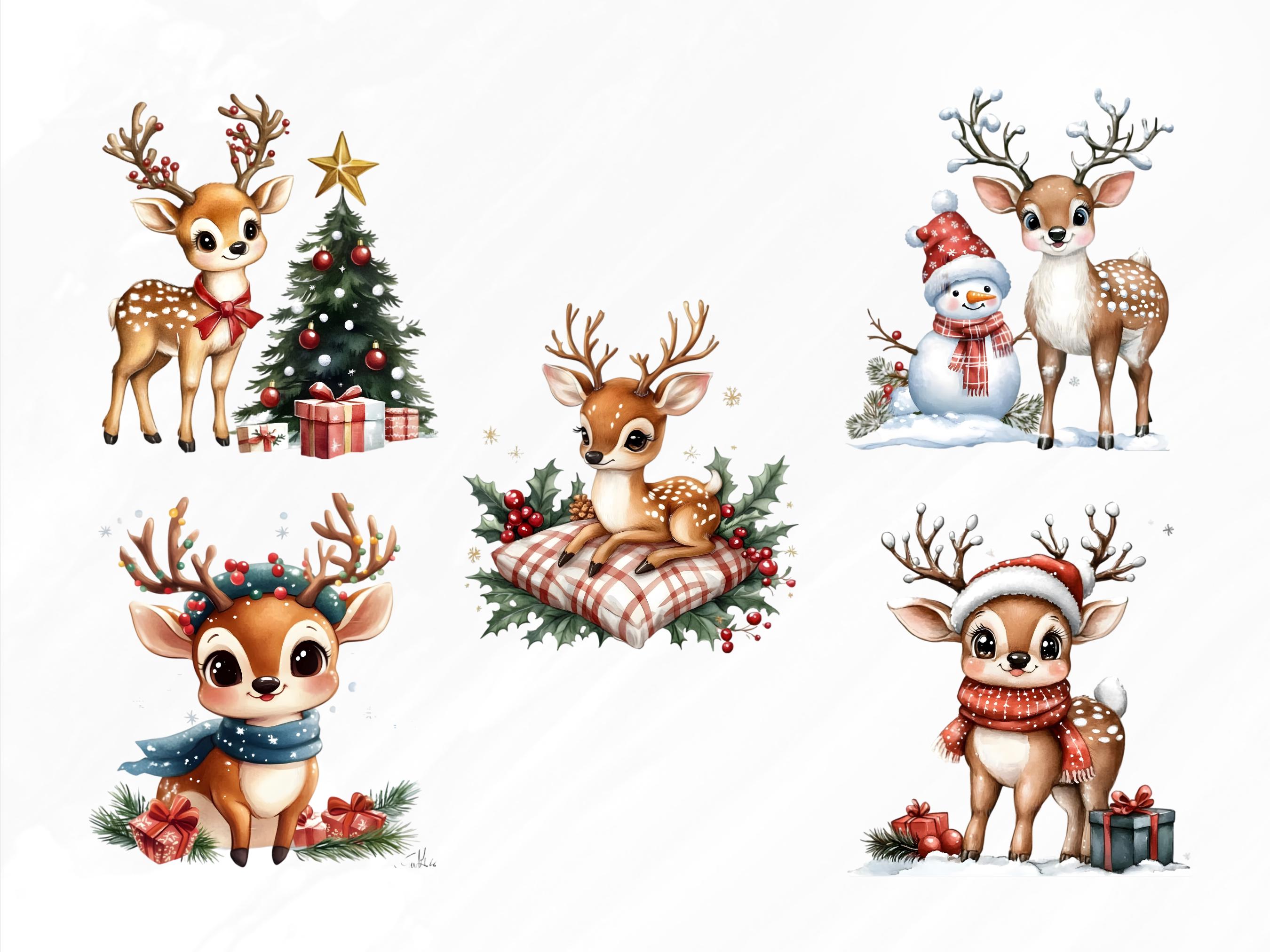 Watercolor Christmas Deer Clipart Bundle, 25 PNG Christmas Clipart ...