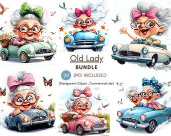 20 lustige alte Damen Clipart, moderne Oma Clipart, transparenter Hintergrund PNGs, 300 dpi hochwertiger digitaler Download, kommerzielle Nutzung