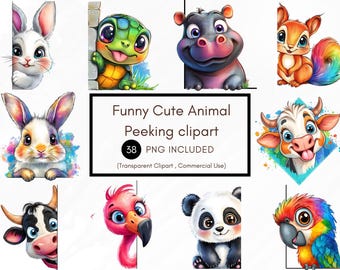 Roliga söta djur som kikar clipart-paket, tecknade djuransikten för barn, roliga djurpaket, söta djur clipart, akvarell djur clipart
