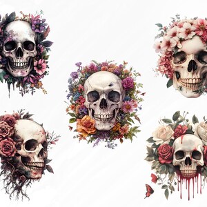 May include: Five white skulls with different floral arrangements around them. The flowers are in shades of pink, red, white, and yellow. Some of the skulls have dripping blood.