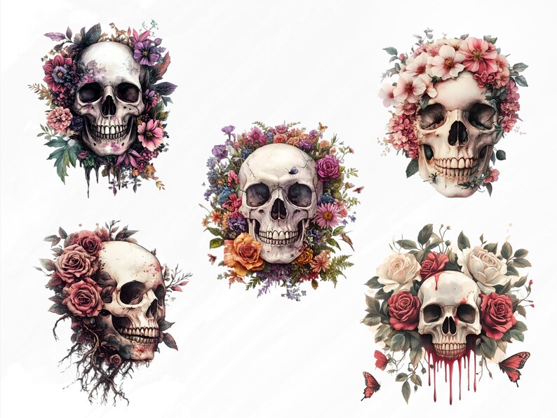 May include: Five white skulls with different floral arrangements around them. The flowers are in shades of pink, red, white, and yellow. Some of the skulls have dripping blood.