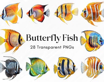 Aquarell Schmetterlingsfische Clipart Bundle, 28 Tropische Fische PNGs mit transparentem Hintergrund, Ocean Sea Life Illustrationen für Scrapbooking