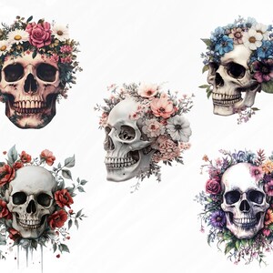 May include: Five white skulls with floral crowns. Each skull has a different floral arrangement, including pink, blue, and red flowers.
