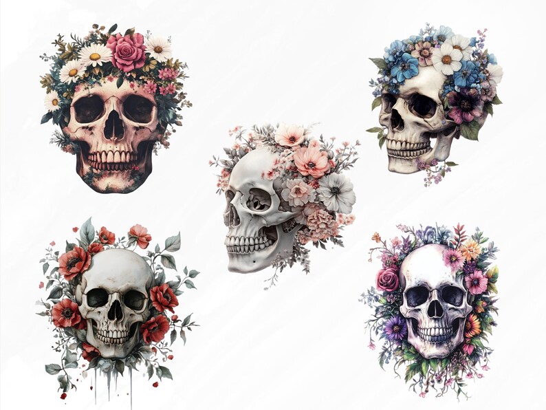 May include: Five white skulls with floral crowns. Each skull has a different floral arrangement, including pink, blue, and red flowers.