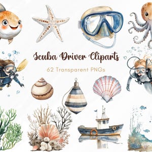 62 Scuba Diver Clipart PNGs, Underwater Ocean PNG, Cute Sea Life, Fish, Octopus, Coral, Shells, Boat & Diver Illustrations, Transparent