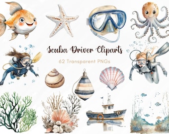 62 Scuba Diver Clipart PNGs, Underwater Ocean PNG, Cute Sea Life, Fish, Octopus, Coral, Shells, Boat & Diver Illustrations, Transparent