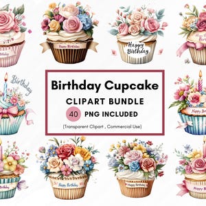 Pacote de clipart de cupcake de aniversário, 40 clipart de aniversário PNG, cupcake PNG, fundo transparente de 300 DPI, uso comercial, sublimação, 300 Dpi