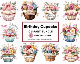 Paquete de imágenes prediseñadas de cupcakes de cumpleaños, 40 imágenes prediseñadas de cumpleaños PNG, cupcakes PNG, fondo transparente de 300 DPI, uso comercial, sublimación, 300 DPI